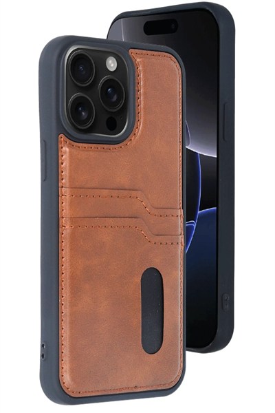 Mey İthalat®  iPhone 15 Pro Max Kılıf Sara Kartvizitli Deri Kılıf - Taba