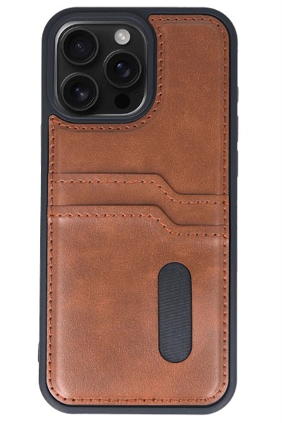 Mey İthalat®  iPhone 15 Pro Max Kılıf Sara Kartvizitli Deri Kılıf - Taba