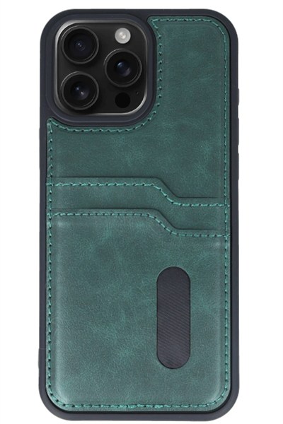 Mey İthalat®  iPhone 15 Pro Max Kılıf Sara Kartvizitli Deri Kılıf - Koyu Yeşil