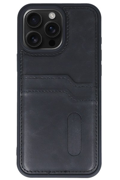 Mey İthalat®  iPhone 15 Pro Max Kılıf Sara Kartvizitli Deri Kılıf - Siyah