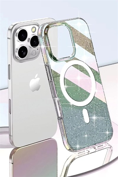 Mey İthalat®  iPhone 15 Pro Max Rasasi Simli Magsafe Kapak - Şeffaf