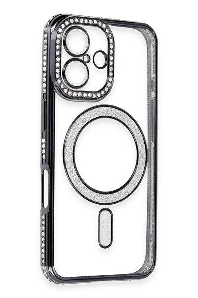 Mey İthalat®  iPhone 16 Kılıf Joke Simli Magneticsafe Kılıf - Siyah
