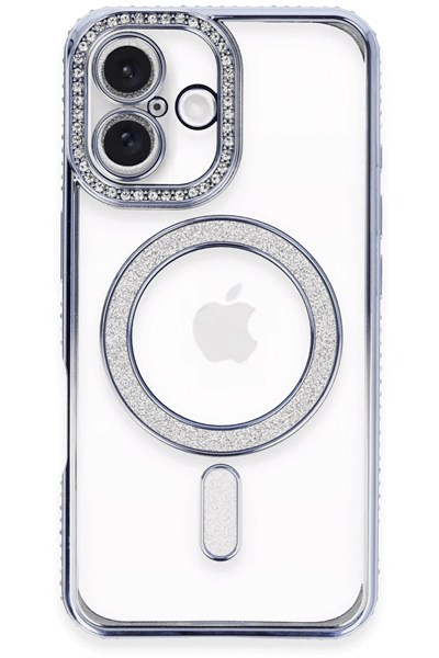 Mey İthalat®  iPhone 16 Kılıf Joke Simli Magneticsafe Kılıf - Mavi