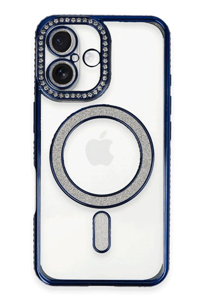 Mey İthalat®  iPhone 16 Kılıf Joke Simli Magneticsafe Kılıf - Lacivert