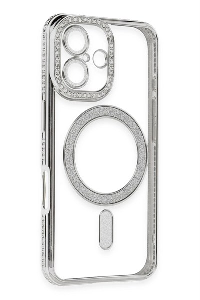 Mey İthalat®  iPhone 16 Kılıf Joke Simli Magneticsafe Kılıf - Gümüş