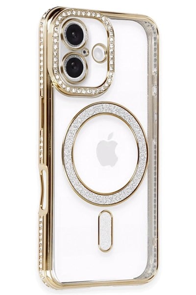Mey İthalat®  iPhone 16 Kılıf Joke Simli Magneticsafe Kılıf - Gold