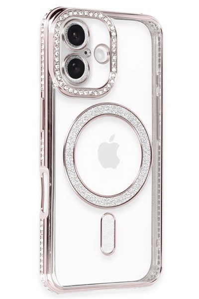 Mey İthalat®  iPhone 16 Kılıf Joke Simli Magneticsafe Kılıf - Pembe