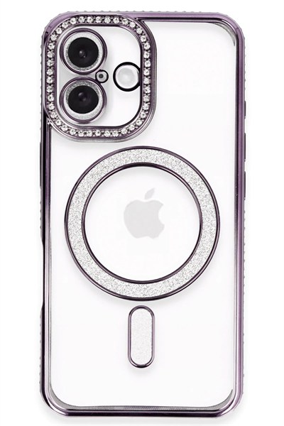 Mey İthalat®  iPhone 16 Kılıf Joke Simli Magneticsafe Kılıf - Derin Mor