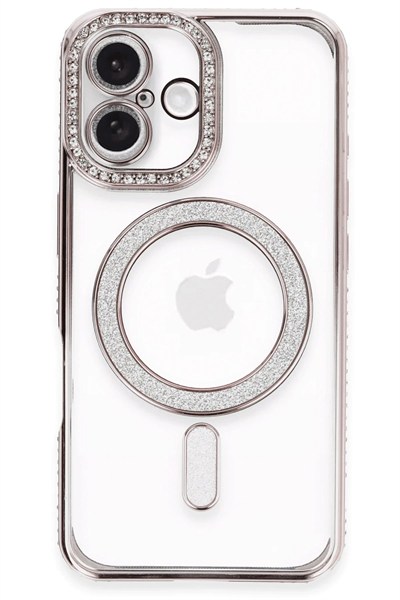 Mey İthalat®  iPhone 16 Kılıf Joke Simli Magneticsafe Kılıf - Pembe