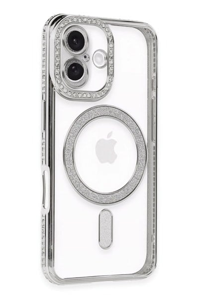 Mey İthalat®  iPhone 16 Kılıf Joke Simli Magneticsafe Kılıf - Gümüş