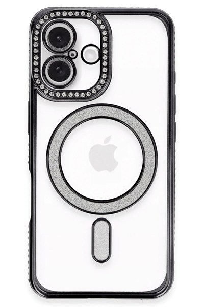 Mey İthalat®  iPhone 16 Kılıf Joke Simli Magneticsafe Kılıf - Siyah