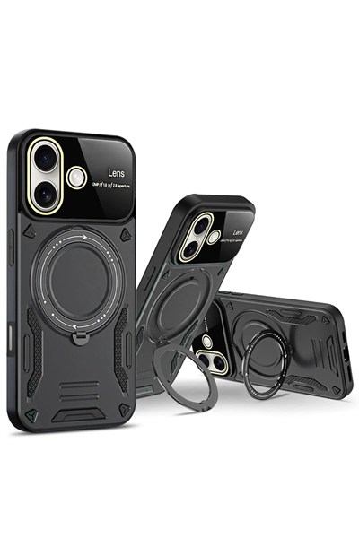 Mey İthalat®  iPhone 16 Kılıf Joy Lens Standlı Kapak - Siyah