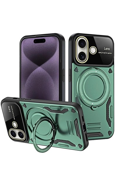 Mey İthalat®  iPhone 16 Kılıf Joy Lens Standlı Kapak - Koyu Yeşil