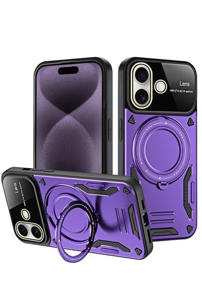 Mey İthalat®  iPhone 16 Kılıf Joy Lens Standlı Kapak - Mor