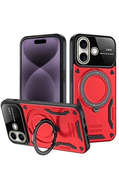 Mey İthalat®  iPhone 16 Kılıf Joy Lens Standlı Kapak - Kırmızı