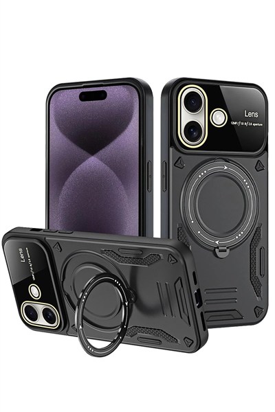 Mey İthalat®  iPhone 16 Kılıf Joy Lens Standlı Kapak - Siyah