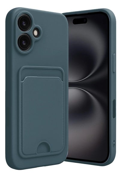 Mey İthalat®  iPhone 16 Kılıf Kelvin Kartvizitli Silikon - Koyu Yeşil