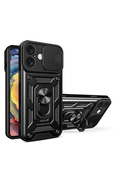 Mey İthalat®  iPhone 16 Kılıf Pars Lens Yüzüklü Silikon - Siyah