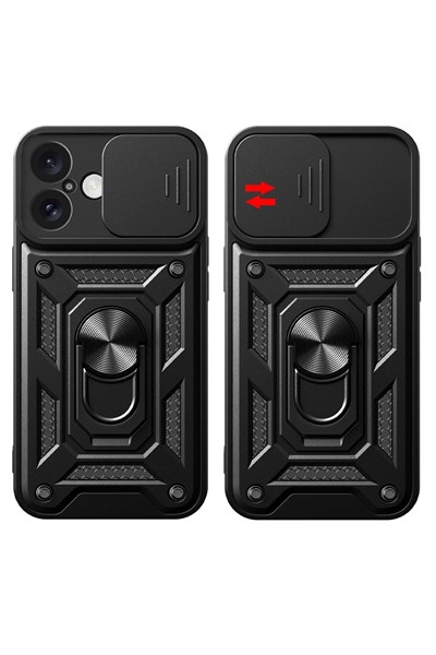 Mey İthalat®  iPhone 16 Kılıf Pars Lens Yüzüklü Silikon - Siyah