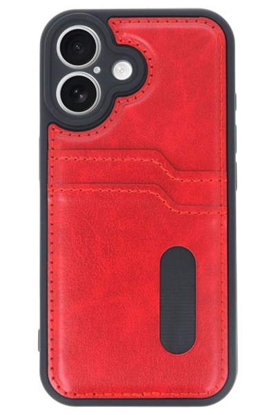Mey İthalat®  iPhone 16 Kılıf Sara Kartvizitli Deri Kılıf - Kırmızı