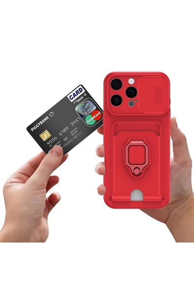 Mey İthalat®  iPhone 16 Kılıf Zuma Kartvizitli Yüzüklü Silikon - Kırmızı