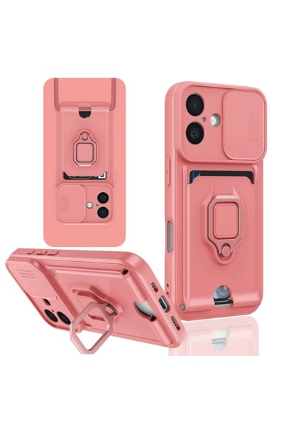 Mey İthalat®  iPhone 16 Kılıf Zuma Kartvizitli Yüzüklü Silikon - Pembe