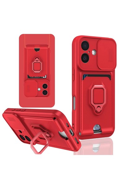 Mey İthalat®  iPhone 16 Kılıf Zuma Kartvizitli Yüzüklü Silikon - Kırmızı