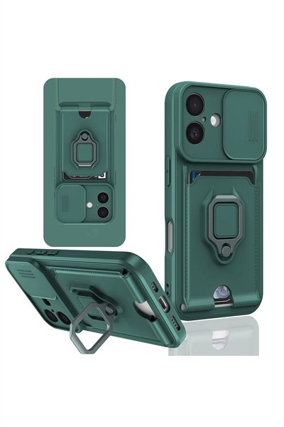 Mey İthalat®  iPhone 16 Kılıf Zuma Kartvizitli Yüzüklü Silikon - Yeşil