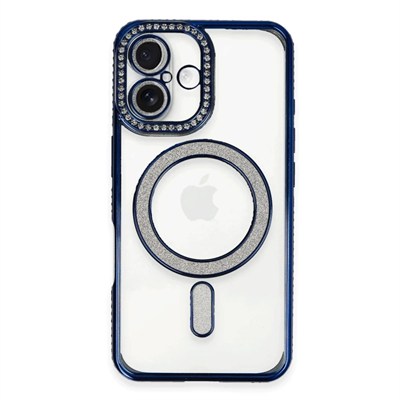 Mey İthalat®  iPhone 16 Plus Kılıf Joke Simli Magneticsafe Kılıf - Lacivert