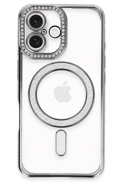 Mey İthalat®  iPhone 16 Plus Kılıf Joke Simli Magneticsafe Kılıf - Gri