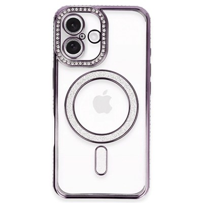 Mey İthalat®  iPhone 16 Plus Kılıf Joke Simli Magneticsafe Kılıf - Derin Mor