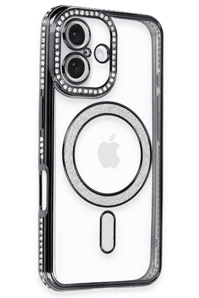 Mey İthalat®  iPhone 16 Plus Kılıf Joke Simli Magneticsafe Kılıf - Siyah