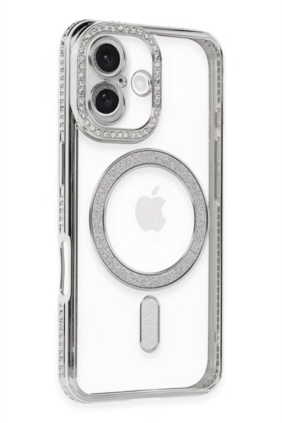 Mey İthalat®  iPhone 16 Plus Kılıf Joke Simli Magneticsafe Kılıf - Gümüş