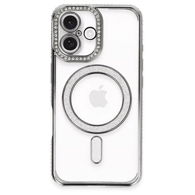 Mey İthalat®  iPhone 16 Plus Kılıf Joke Simli Magneticsafe Kılıf - Gri