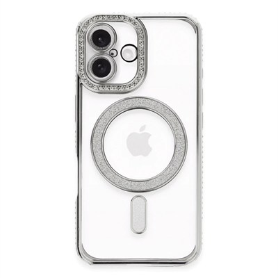 Mey İthalat®  iPhone 16 Plus Kılıf Joke Simli Magneticsafe Kılıf - Gümüş