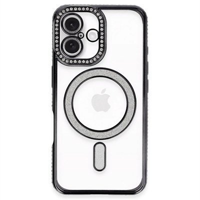 Mey İthalat®  iPhone 16 Plus Kılıf Joke Simli Magneticsafe Kılıf - Siyah