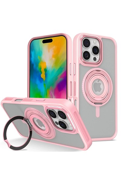 Mey İthalat®  iPhone 16 Pro Banza Magsafe Standlı Kapak - Pembe