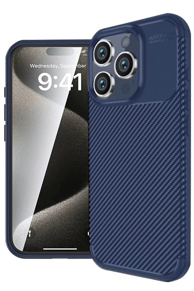 Mey İthalat®  iPhone 16 Pro Kılıf Auto Focus Karbon Kapak - Lacivert