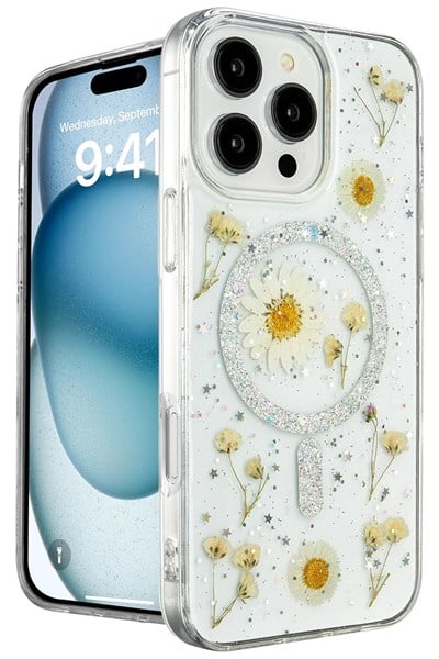 Mey İthalat®  iPhone 16 Pro Kılıf Daisy Simli Magsafe Kapak - Gümüş