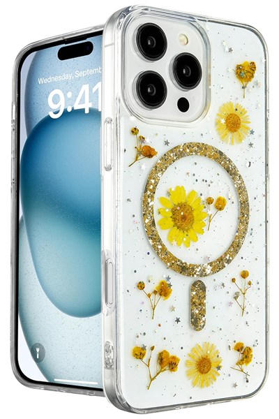 Mey İthalat®  iPhone 16 Pro Kılıf Daisy Simli Magsafe Kapak - Gold