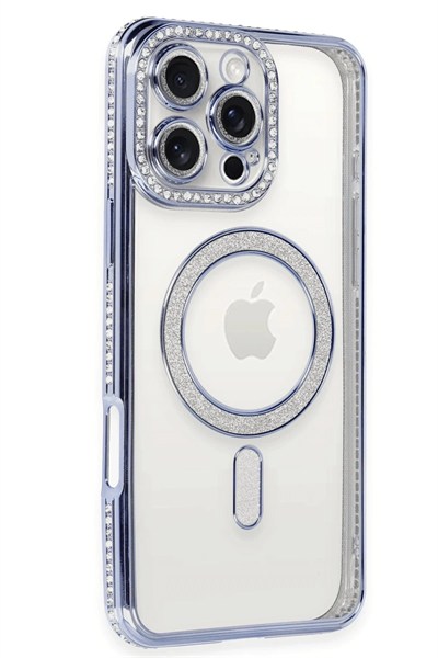 Mey İthalat®  iPhone 16 Pro Kılıf Joke Simli Magneticsafe Kılıf - Mavi