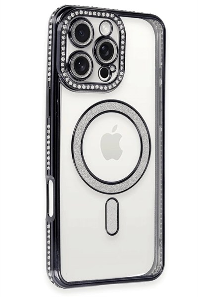 Mey İthalat®  iPhone 16 Pro Kılıf Joke Simli Magneticsafe Kılıf - Siyah
