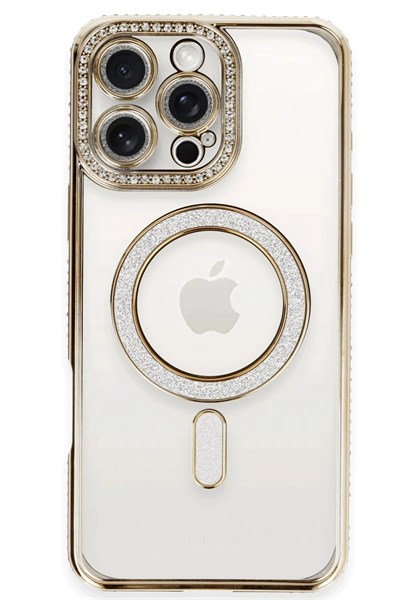 Mey İthalat®  iPhone 16 Pro Kılıf Joke Simli Magneticsafe Kılıf - Gold
