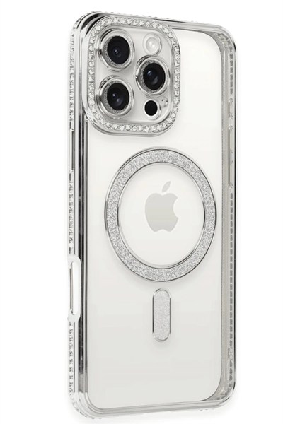 Mey İthalat®  iPhone 16 Pro Kılıf Joke Simli Magneticsafe Kılıf - Gümüş