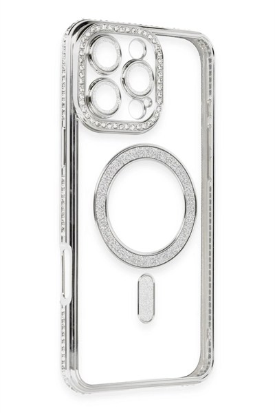 Mey İthalat®  iPhone 16 Pro Kılıf Joke Simli Magneticsafe Kılıf - Gümüş