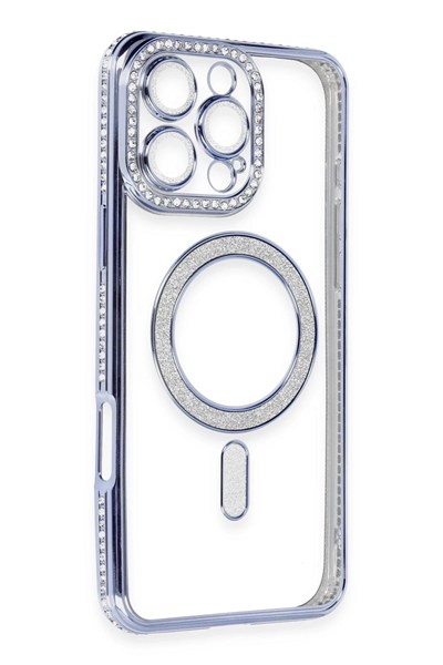 Mey İthalat®  iPhone 16 Pro Kılıf Joke Simli Magneticsafe Kılıf - Mavi