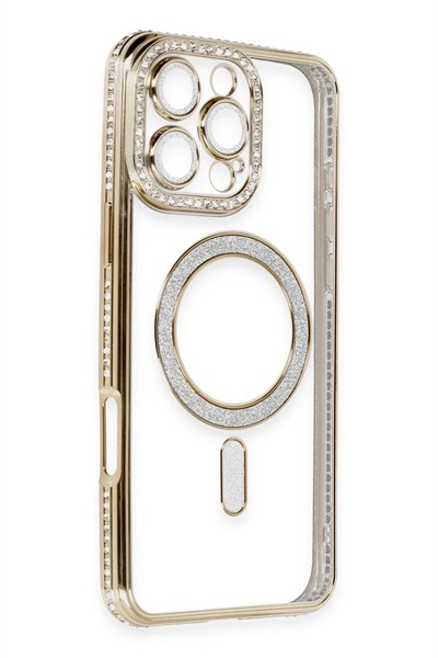 Mey İthalat®  iPhone 16 Pro Kılıf Joke Simli Magneticsafe Kılıf - Gold