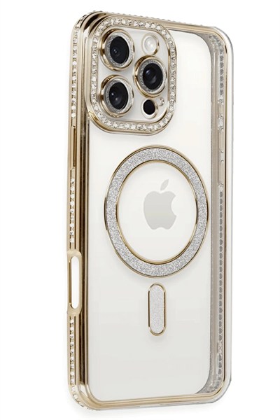 Mey İthalat®  iPhone 16 Pro Kılıf Joke Simli Magneticsafe Kılıf - Gold