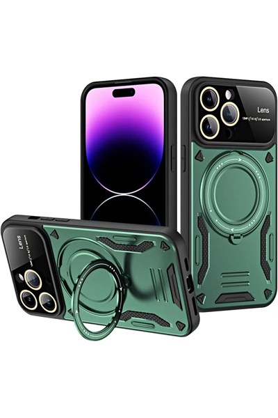 Mey İthalat®  iPhone 16 Pro Kılıf Joy Lens Standlı Kapak - Koyu Yeşil