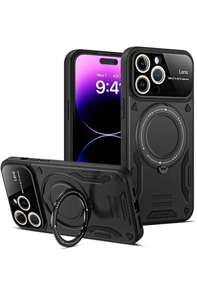 Mey İthalat®  iPhone 16 Pro Kılıf Joy Lens Standlı Kapak - Siyah